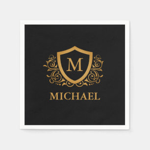 Black and Gold Personalized Stylish Monogram Name Napkin