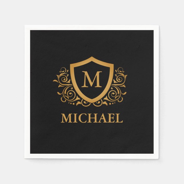 Black and Gold Personalized Stylish Monogram Name Napkin (Front)