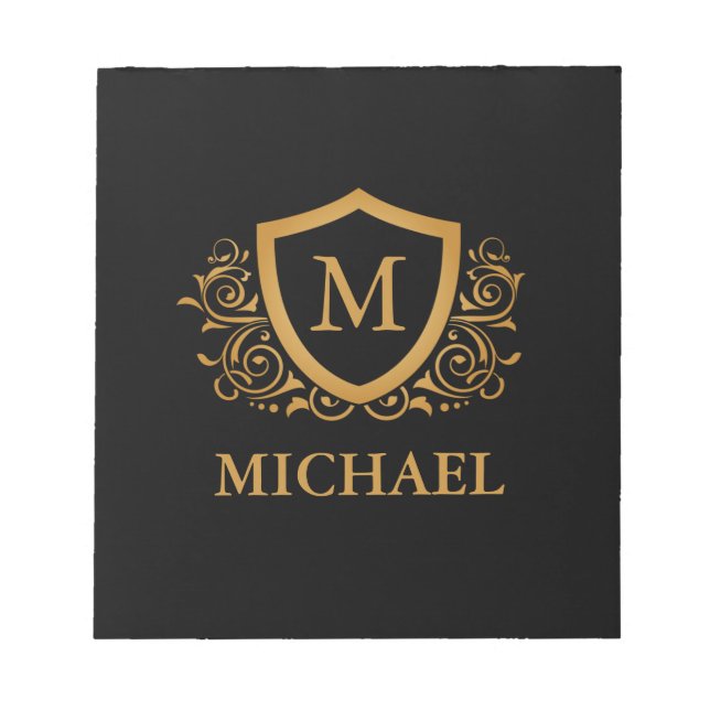 Black and Gold Personalized Stylish Monogram Name Notepad (Front)