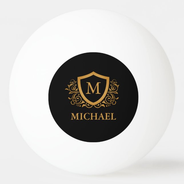 Black and Gold Personalized Stylish Monogram Name Ping Pong Ball (Front)
