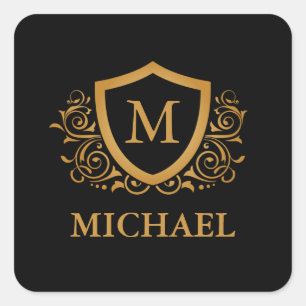 Black and Gold Personalized Stylish Monogram Name Square Sticker