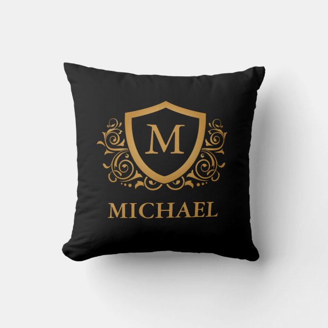 Black and Gold Personalized Stylish Monogram Name Throw Pillow (Front)