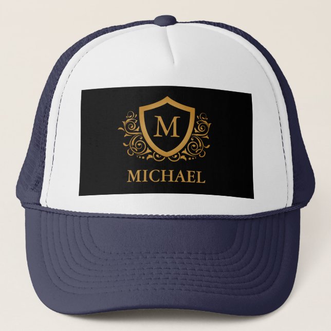 Black and Gold Personalized Stylish Monogram Name Trucker Hat (Front)