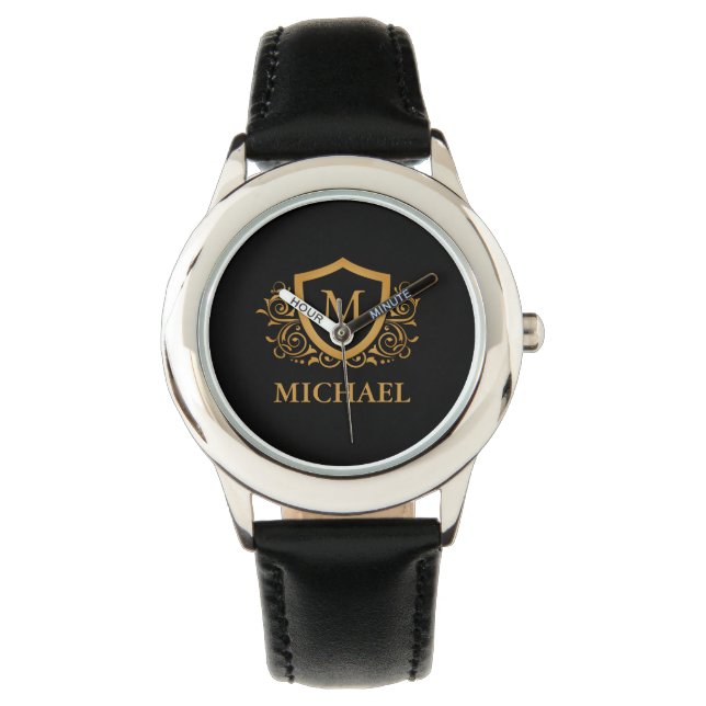Black and Gold Personalized Stylish Monogram Name Watch (Front)