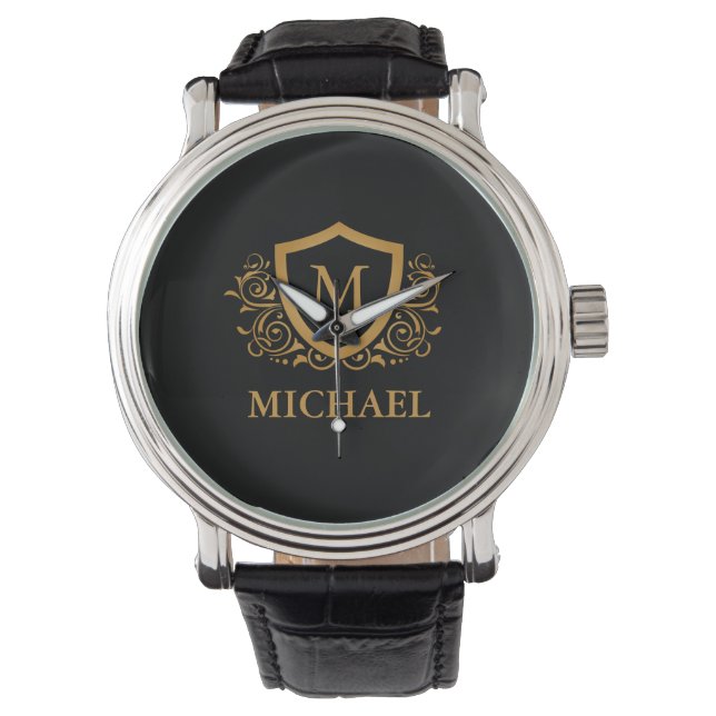 Black and Gold Personalized Stylish Monogram Name Watch (Front)