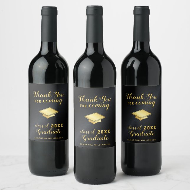 Black and Gold Personalized Thank You Graduation Wine Label (Bottles)