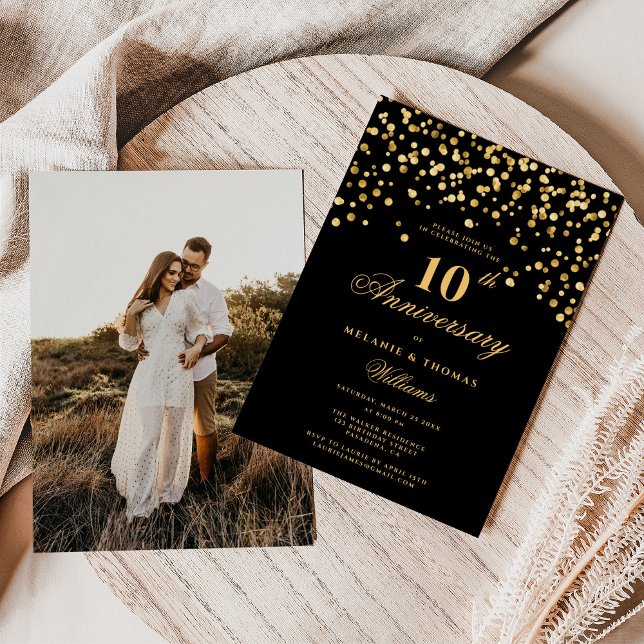 Black And Gold Photo 10th Wedding Anniversary Invitation (Creator Uploaded)