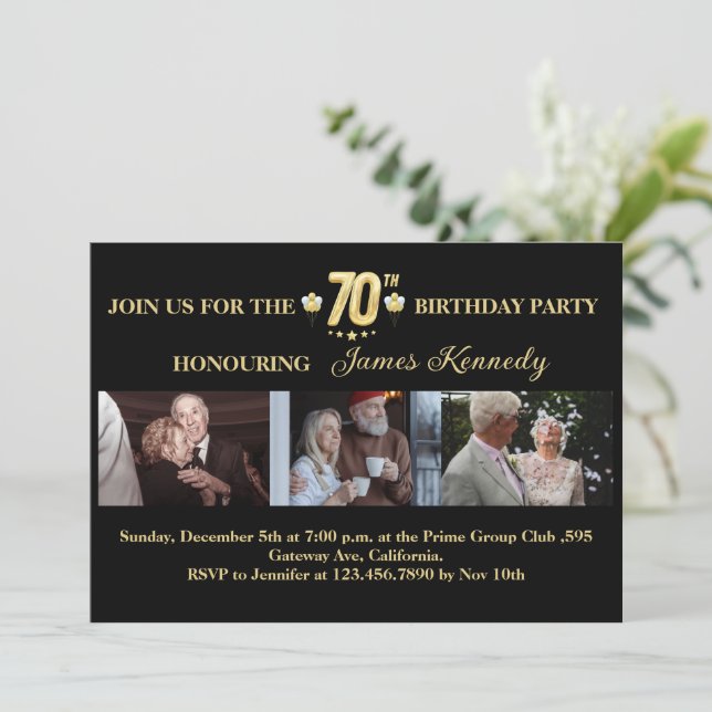 Black and Gold Photo Collage 70th Birthday Party  Invitation (Standing Front)