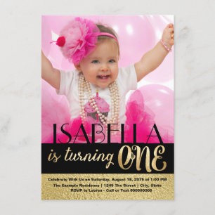 Black and Gold Photo First Birthday Invitation