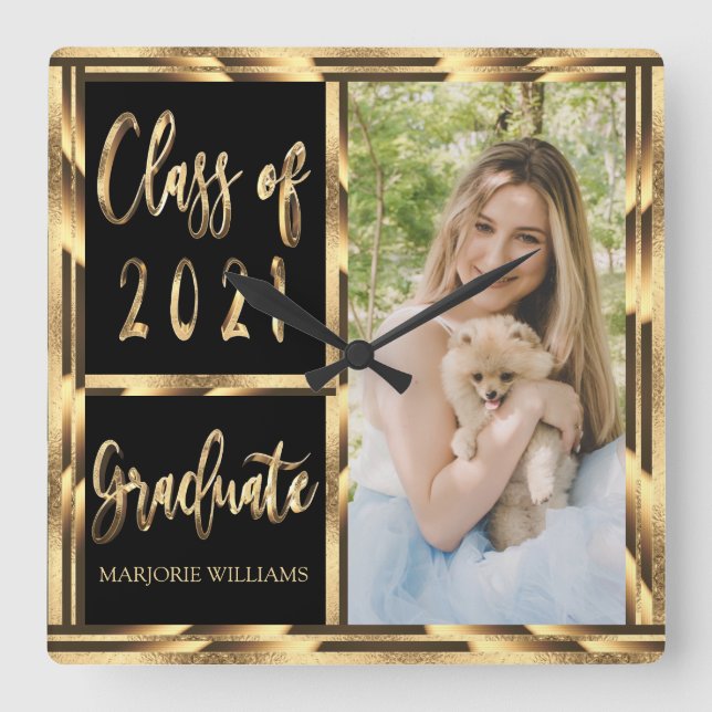 Black and Gold Photo Graduate Class of 2021 Square Wall Clock (Front)