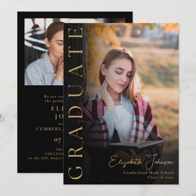 Black And Gold Photo Graduation Announcement (Front/Back)