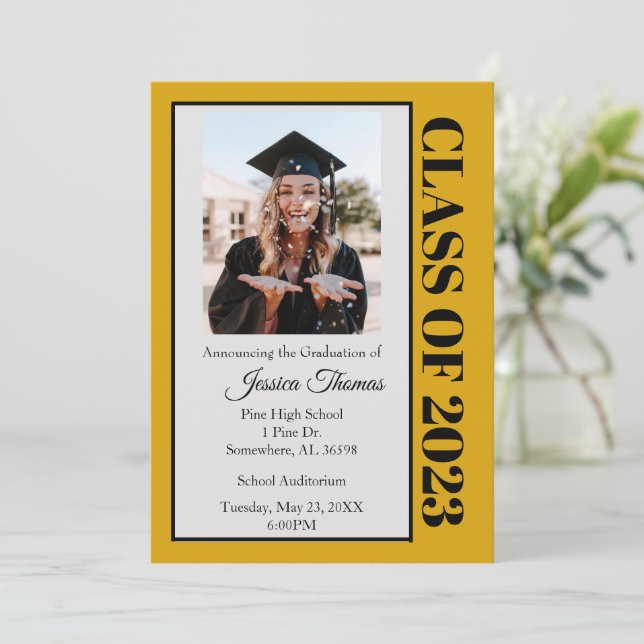 Black and Gold Photo Graduation Invitation (Standing Front)