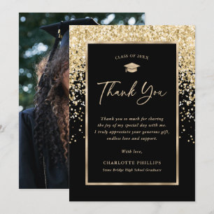 Black and Gold Photo Graduation Thank You Card