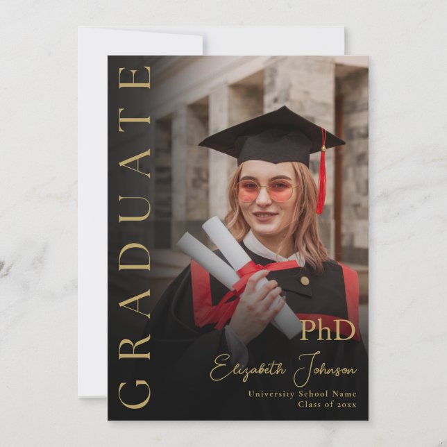 Black And Gold Photo PhD Degree Graduation Party Invitation (Front)