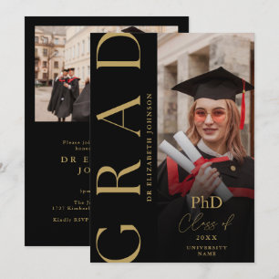 Black And Gold Photo PhD Degree Graduation Party Invitation