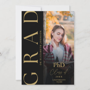 Black And Gold Photo PhD Graduation Announcement