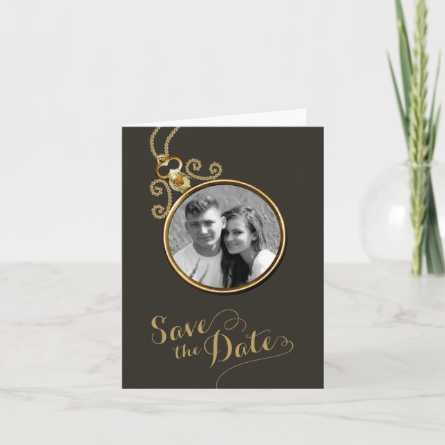 Black and Gold Photo Save the Date Card (Front)