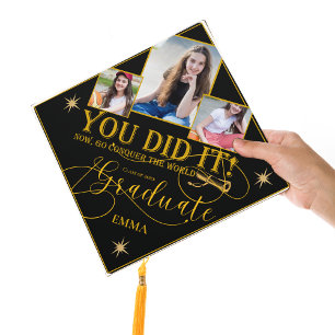 Black and Gold Photo You Did It Class of 2026 Graduation Cap Topper