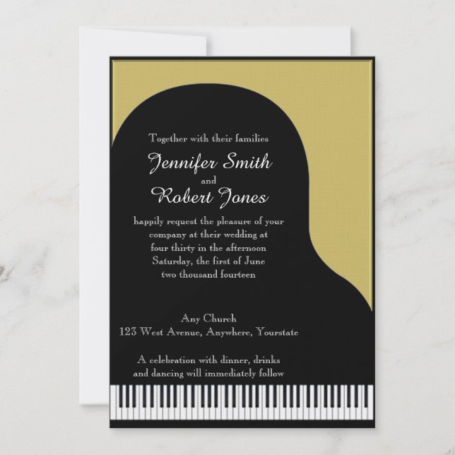 Black and Gold Piano Wedding Invitation (Front)