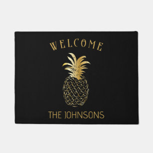black and Gold Pineapple Personalized Doormat