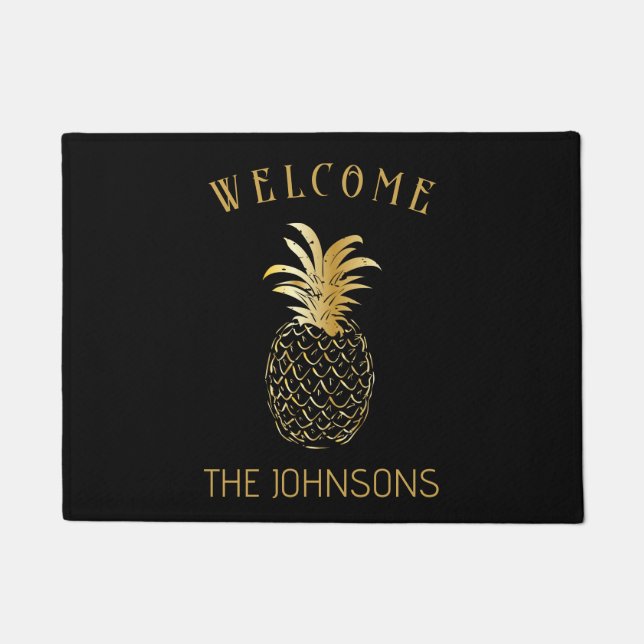 black and Gold Pineapple Personalized Doormat (Front)