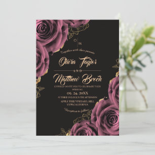 Black and Gold ⎮ Pink Roses Wedding Invitation