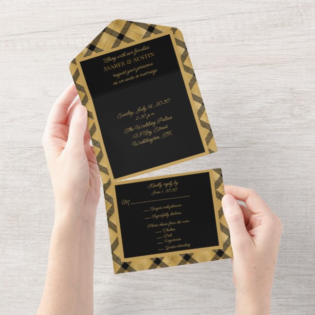 Black and Gold Plaid Elegant  All In One Invitation (Tearaway)