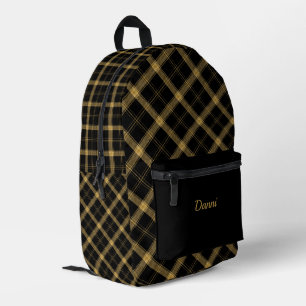 Black and Gold Plaid Printed Backpack