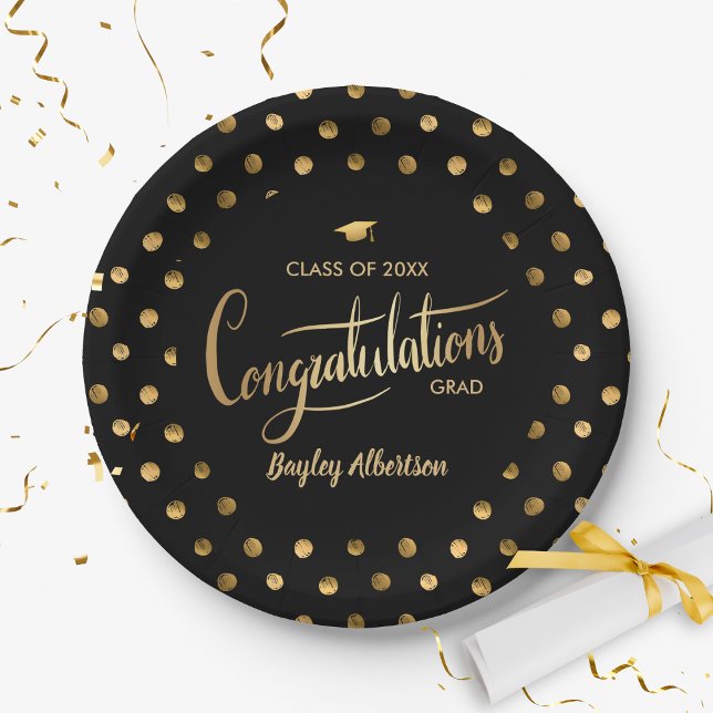 Black and Gold Polka Dot Congrats Grad Graduation Paper Plate (Creator Uploaded)