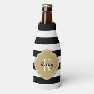 Black and Gold Preppy Stripes Monogram Bottle Cooler