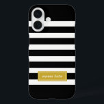 Black and Gold Preppy Stripes Monogram iPhone 16 Case<br><div class="desc">Cute girly modern preppy stripe pattern,  personalized with a simple classic name monogram in a contrasting coloured frame. Click It to change text font and colour to create your own unique one of a kind design!</div>