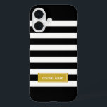 Black and Gold Preppy Stripes Monogram iPhone 16 Case<br><div class="desc">Cute girly modern preppy stripe pattern,  personalized with a simple classic name monogram in a contrasting coloured frame. Click It to change text font and colour to create your own unique one of a kind design!</div>