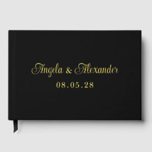Black and Gold Pretty Curly Script Wedding Guest Book