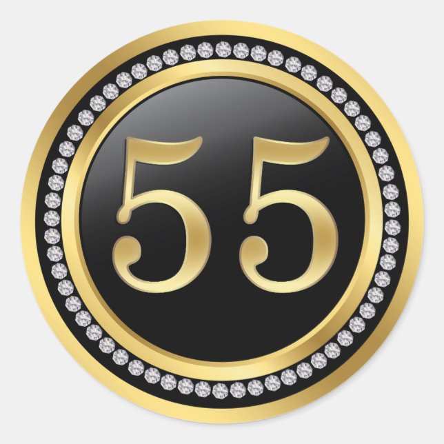 Black and gold, printed diamonds 55th Birthday Classic Round Sticker (Front)