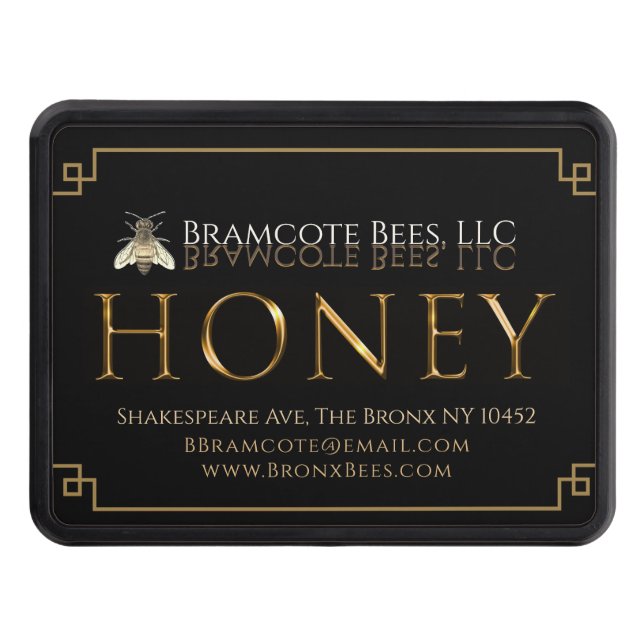 Black and Gold Promotional Apiary Honey Car Trailer Hitch Cover (Front)