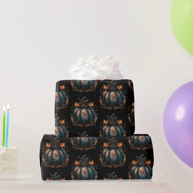 Black and Gold Pumpkin Leaves Pattern Halloween Wrapping Paper (Party Gifts)