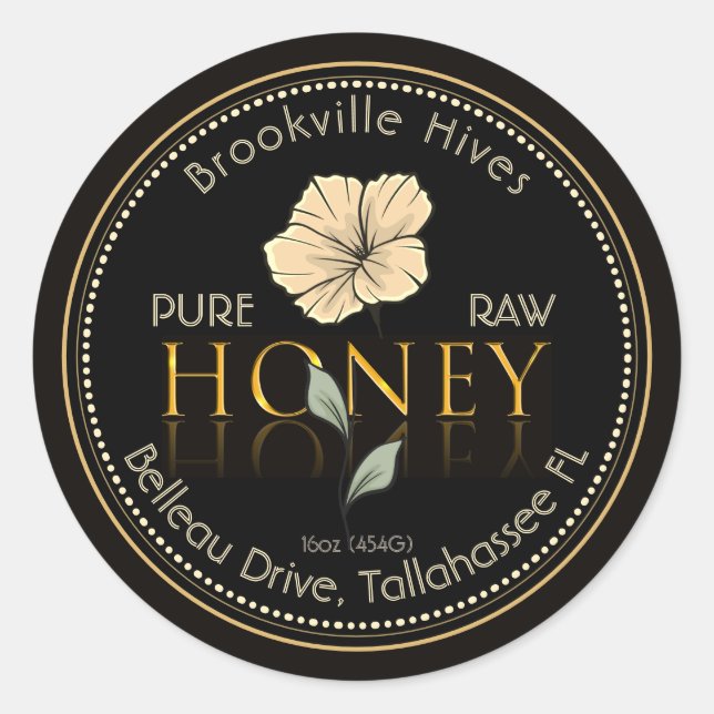 Black and Gold Pure Raw Honey Label Flower Yellow (Front)