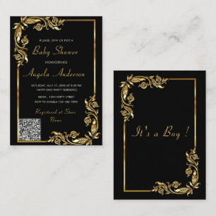 Black and Gold QR Code Baby Boy Shower Invitation