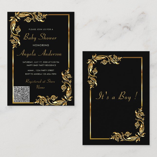 Black and Gold QR Code Baby Boy Shower Invitation (Front/Back)