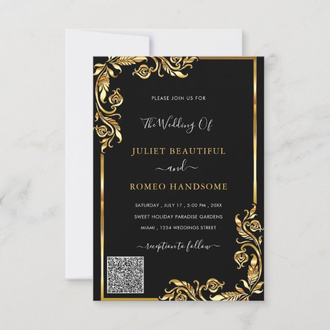 Black and Gold QR Code Wedding Invitation Template (Front)