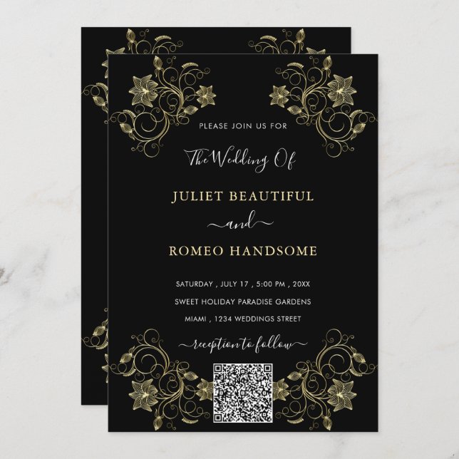 Black and Gold QR Code Wedding Invitation Template (Front/Back)