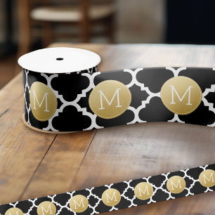 Black and Gold Quatrefoil Pattern Custom Monogram Satin Ribbon