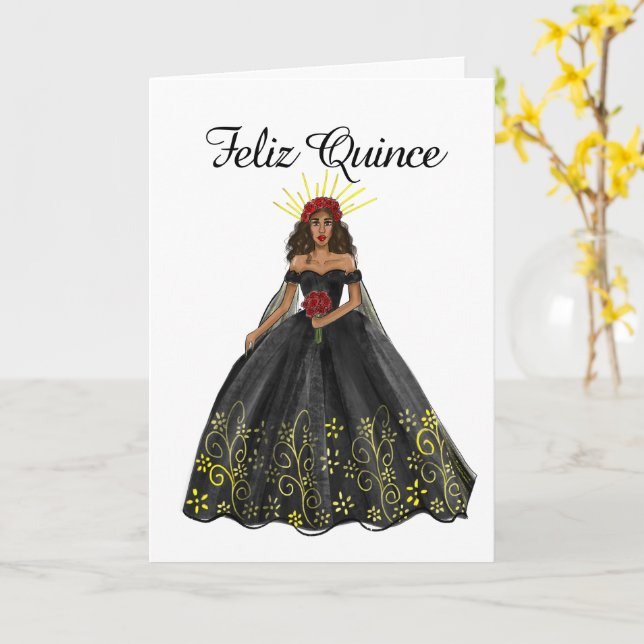 Black and Gold Quinceanera Dress Birthday Card (Yellow Flower)