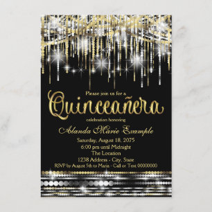 Black and Gold Quinceanera Glitter Glam Sparkle Invitation