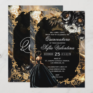Black and Gold Quinceañera Invitation