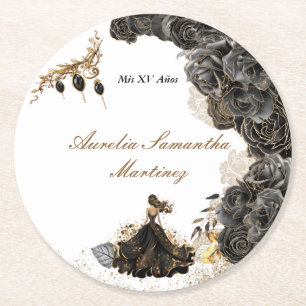 Black and Gold Quinceañera Sticker Round Paper Coaster