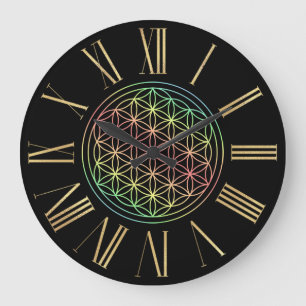 Black and Gold Rainbow Flower of Life Large Clock