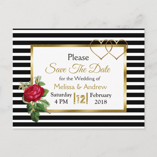 Black and Gold Red Rose Save the Date Postcards (Front)
