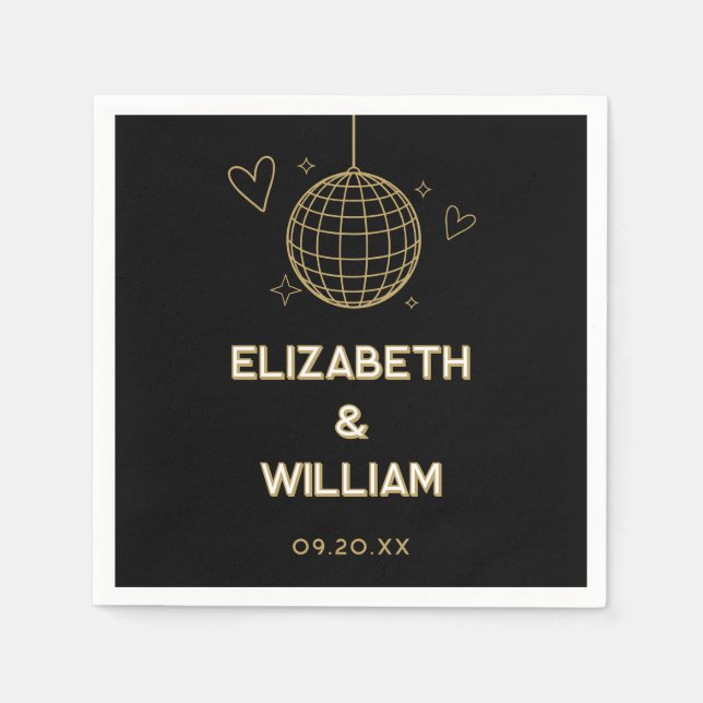 Black And Gold Retro Disco Groovy 70s Wedding Napkin (Front)