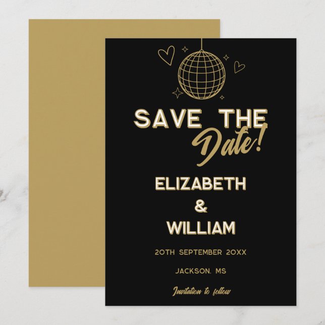 Black And Gold Retro Disco Groovy Wedding Save The Date (Front/Back)
